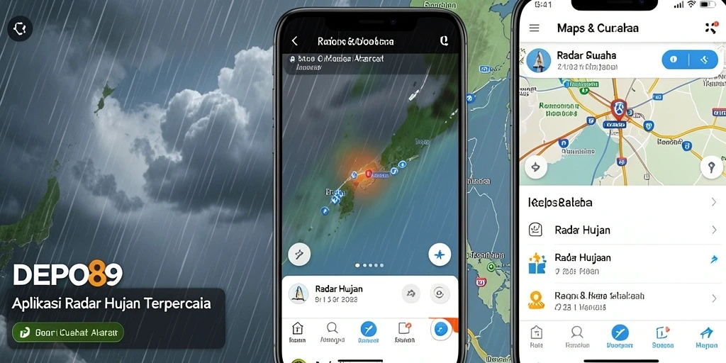 Antarmuka utama DEPO89 menampilkan radar hujan yang akurat dan informatif.