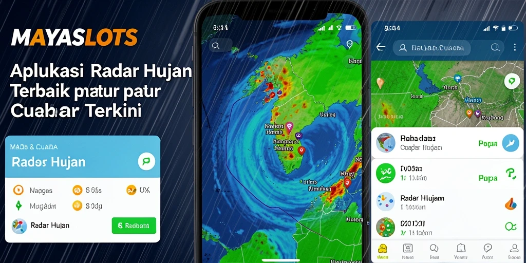 Tampilan antarmuka aplikasi Radar Hujan MAYASLOTS yang informatif.