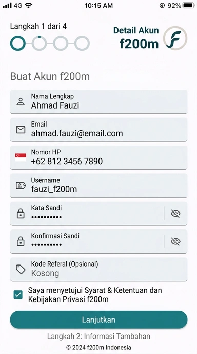 Tampilan halaman daftar f200m